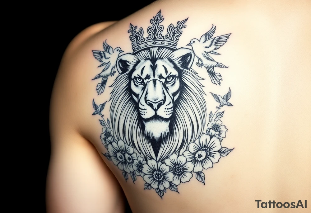 powerful majestic lion with a crown, surrounded by floral ornaments and birds tattoo idea