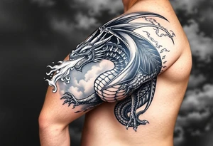 fierce dragon breathing iridescent fire against stormy skies tattoo idea