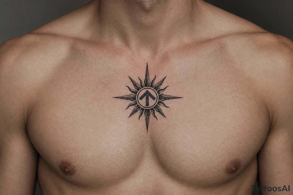 sun with the strength symbol in the middle tattoo idea