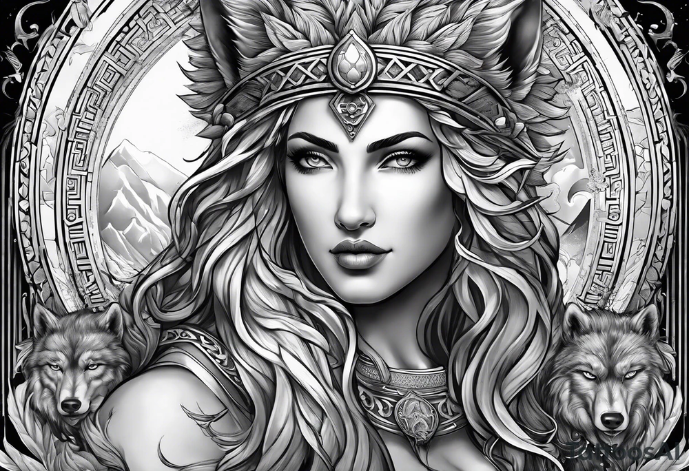 greek god zeus, full sleeve, attractive female face with wolf headress, chemical formula for protein, wolf, full body zeus tattoo idea