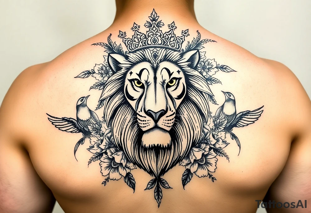 powerful majestic lion with a crown, surrounded by floral ornaments and birds tattoo idea