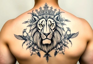 powerful majestic lion with a crown, surrounded by floral ornaments and birds tattoo idea