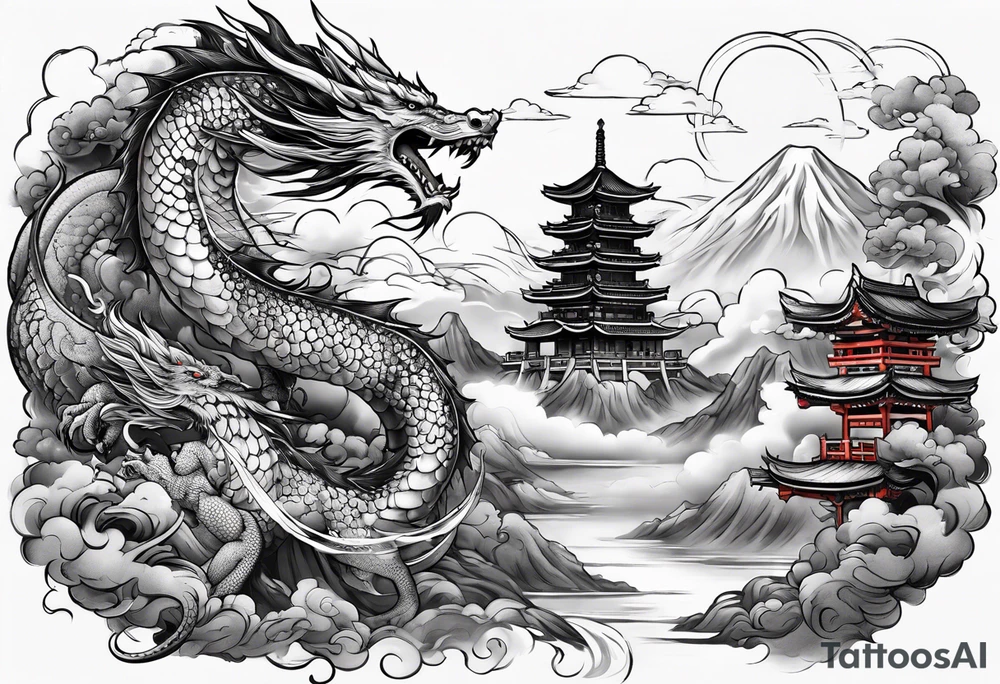warrior beautiful fairy with a full body with a sword and a full dragon with a mountain with clouds and a Japanese building background tattoo idea