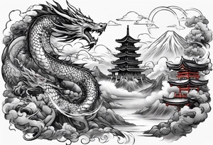 warrior beautiful fairy with a full body with a sword and a full dragon with a mountain with clouds and a Japanese building background tattoo idea