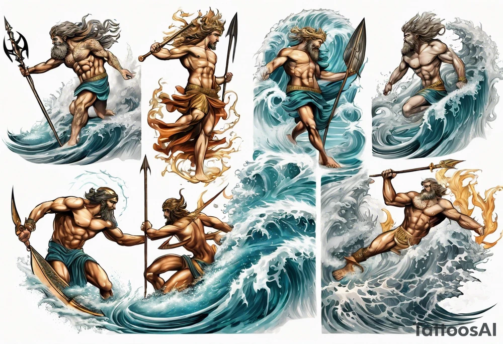 Ancient Greek gods of the sea fighting with surfer  and trident tattoo idea