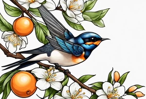 swallow leaving on an orange blossom branch with its wings up tattoo idea