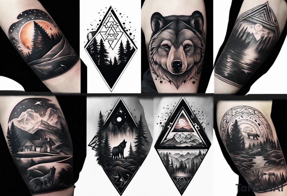 Full sleeve tattoo in black and white colore. The design should include space, stars, forest, sunset, mountains, cliffs, waterfall, water, ocean, wild animals (bear, wolves, elephant), and inserts of triangles and geometric figures. I have two children – a son, Sergei (the eldest), and a daughter, Anna, who live with me and my wife. But I also have another daughter, Marianna, whom I haven't seen for a long time and eagerly await to meet. The tattoo should symbolize love and protection for my children and family, the desire to secure their future, and confidence in tomorrow. It should reflect the notion of not looking back, but always moving forward and achieving goals! tattoo idea