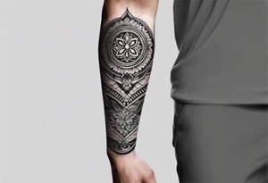 Spiritual forearm sleeve tattoo centred around the Sanskrit symbol for breathe tattoo idea