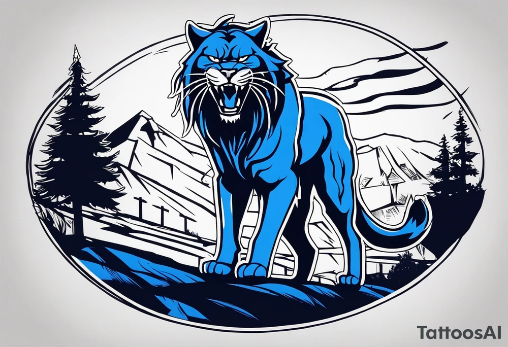 blue wildcat with long dreads under stadium football lights with a snarl on his face standing on a hill looking down at all his defeated opponents tattoo idea