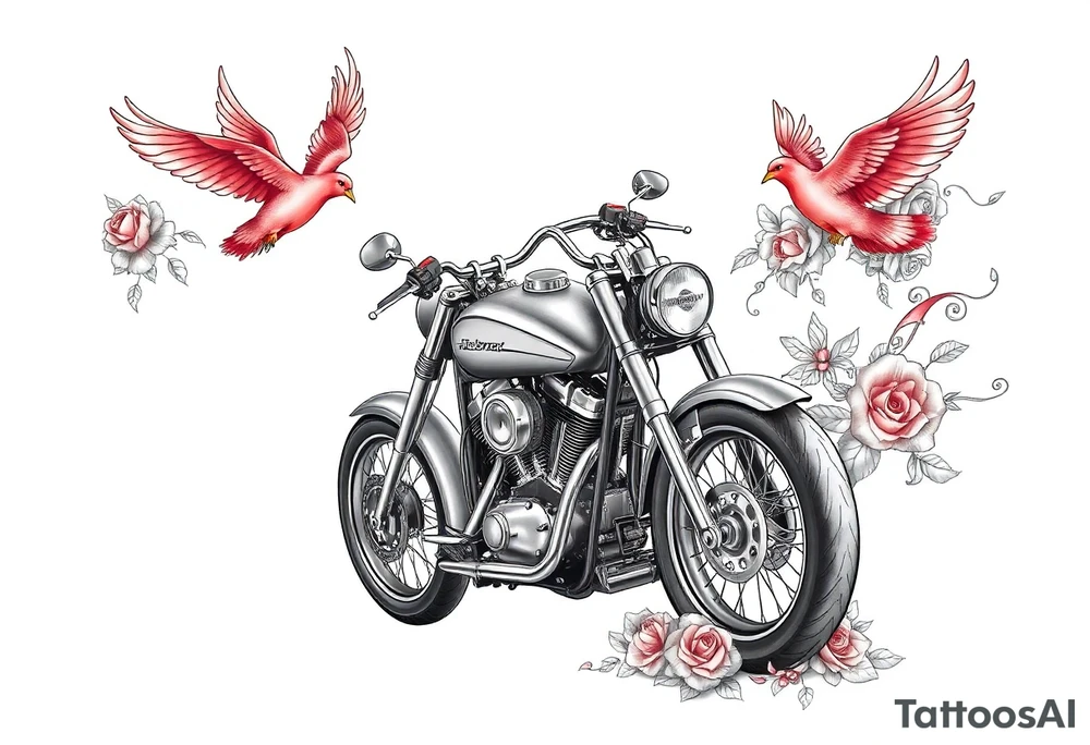 Harley grey motorcycle driving away, two red birds flying, roses and lace, flames tattoo idea