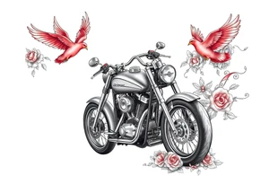 Harley grey motorcycle driving away, two red birds flying, roses and lace, flames tattoo idea