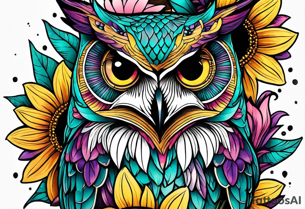 Leg Sleeve with teal, pink and purple owl and yellow sunflowers tattoo idea