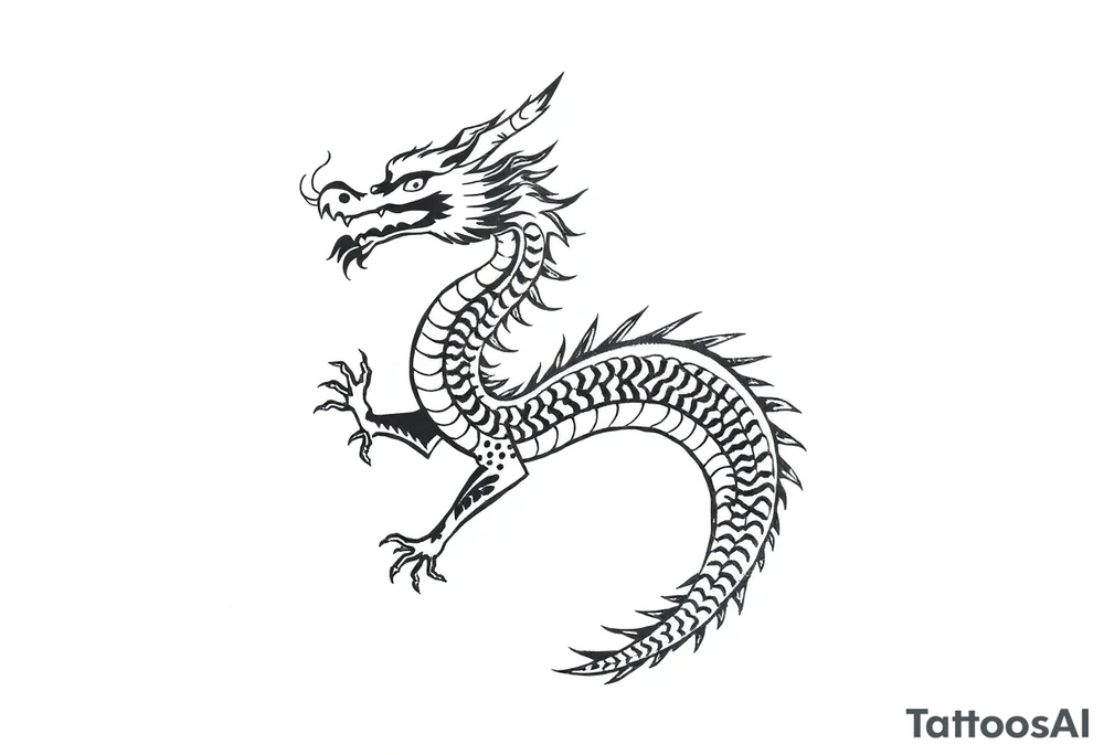 Black ink dragon with flowing body, abstract motion lines, stylised blackwork tattoo, minimalist details, high contrast, traditional Japanese dragon form, vertical layout tattoo idea