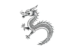 Black ink dragon with flowing body, abstract motion lines, stylised blackwork tattoo, minimalist details, high contrast, traditional Japanese dragon form, vertical layout tattoo idea