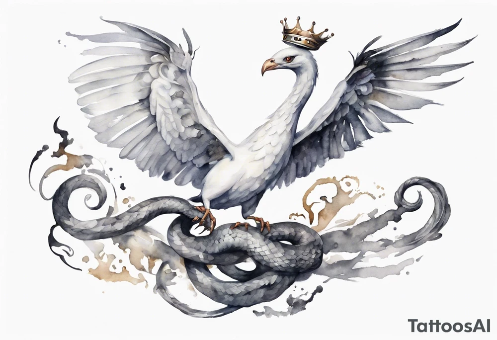 a white bird-serpent hybrid, wearing a small crown on its head, flying in the air tattoo idea