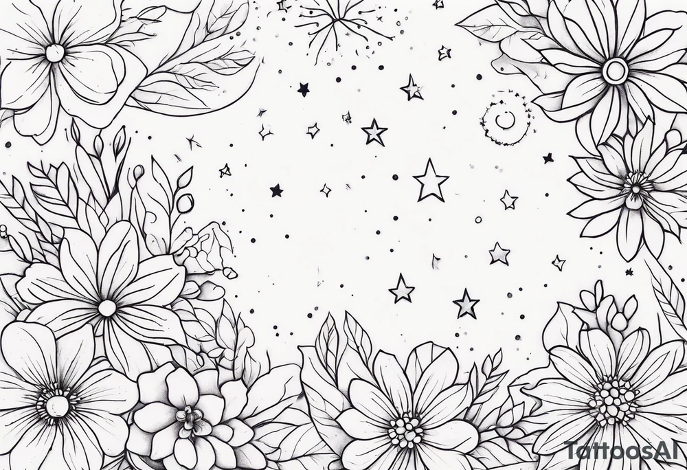 fine line with stars, floral, dots tattoo idea