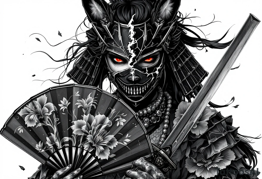 Woman samurai with red eyes wearing an half and broken kitsune mask, holding katanas and japanese fan with Iris flowers tattoo idea