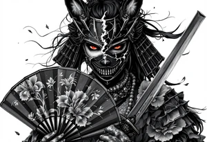 Woman samurai with red eyes wearing an half and broken kitsune mask, holding katanas and japanese fan with Iris flowers tattoo idea