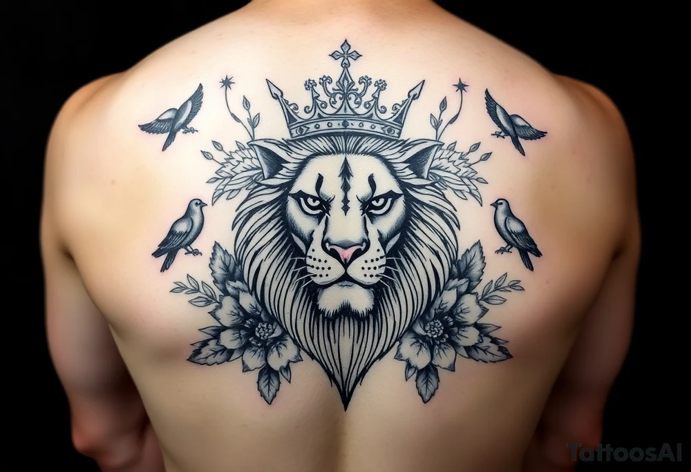 powerful majestic lion with a crown, surrounded by floral ornaments and birds tattoo idea