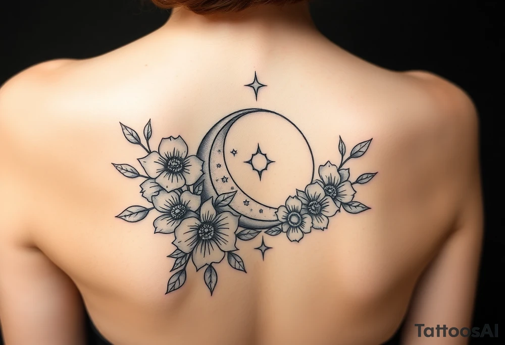 Flower sleeve surrounded by moon and star design for arm tattoo idea Flower sleeve surrounded by moon and star design for arm tattoo idea