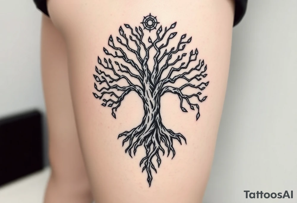 mystical tree of life with cosmic roots and celestial branches tattoo idea