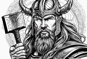 Thor mit Hammer in der Hand kämpft gegen riesige Schange tattoo idea