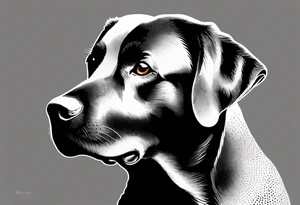 Generate a simple tattoo of a sitting Labrador Retriever, focusing on its friendly face and expressive eyes in a minimalist style tattoo idea