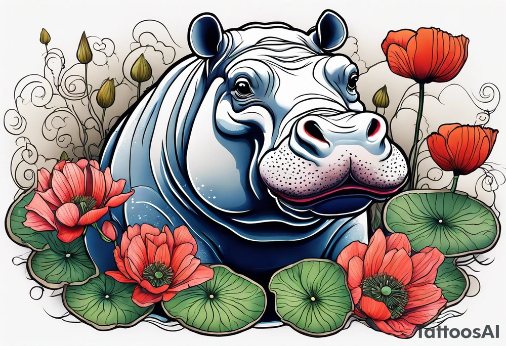 Hippopotamus, poppies, water lilies, tattoo idea