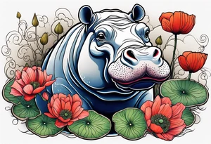 Hippopotamus, poppies, water lilies, tattoo idea