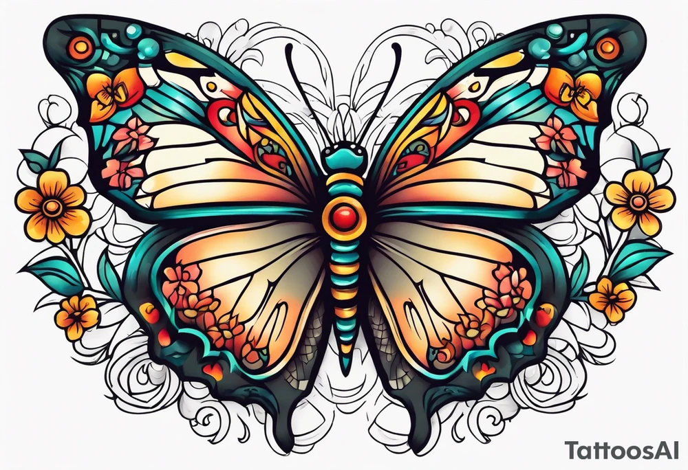 butterfly old school traditional vintage with flowers surrounding it tattoo idea