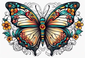 butterfly old school traditional vintage with flowers surrounding it tattoo idea