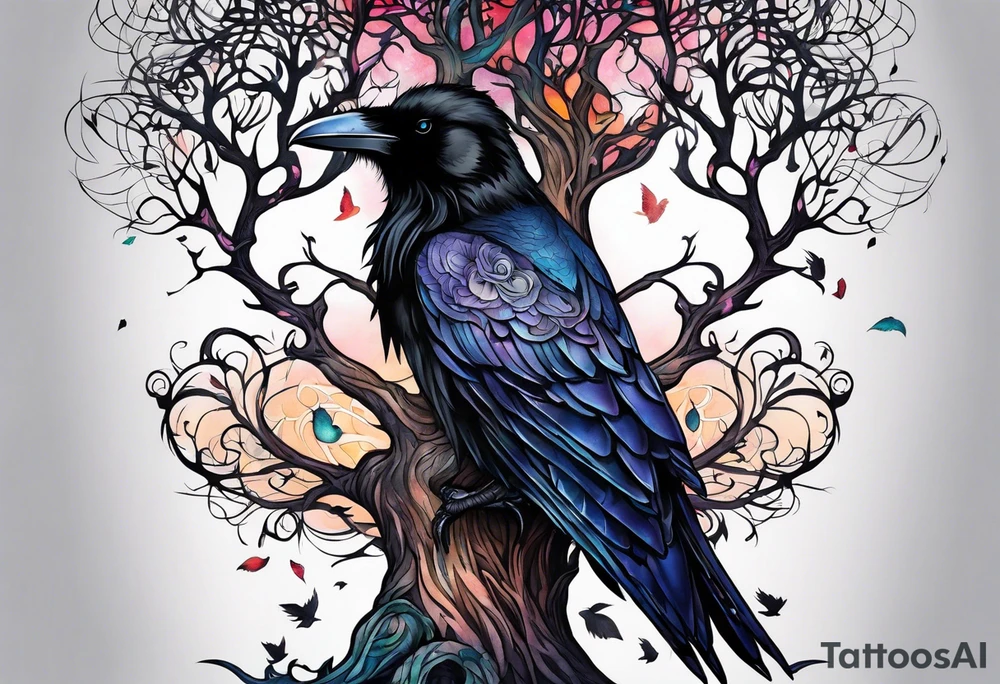 world tree with a raven and knotwork sleeve tattoo tattoo idea