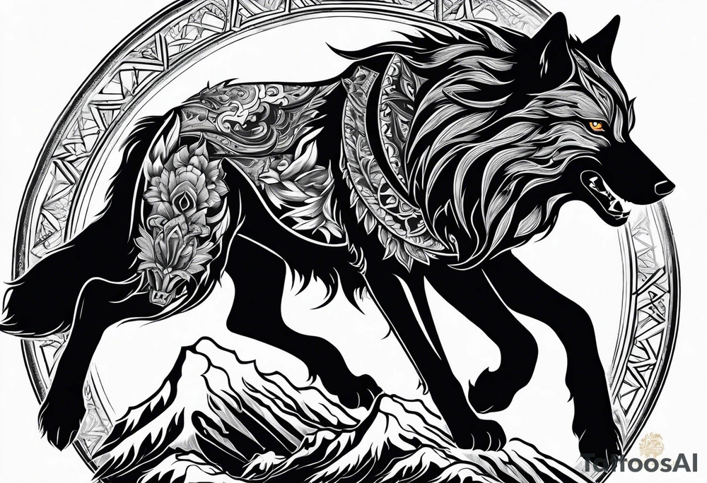 Black wolf fighting white wolf tattoo idea