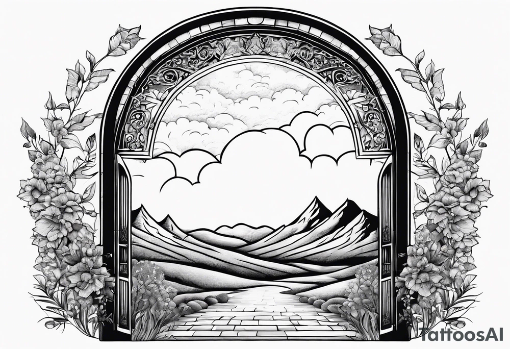 night Nazareth mountains garden gate entrance
in circle vignette surrounded by clouds floral tattoo idea