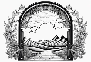 night Nazareth mountains garden gate entrance 
 in circle vignette surrounded by clouds floral tattoo idea