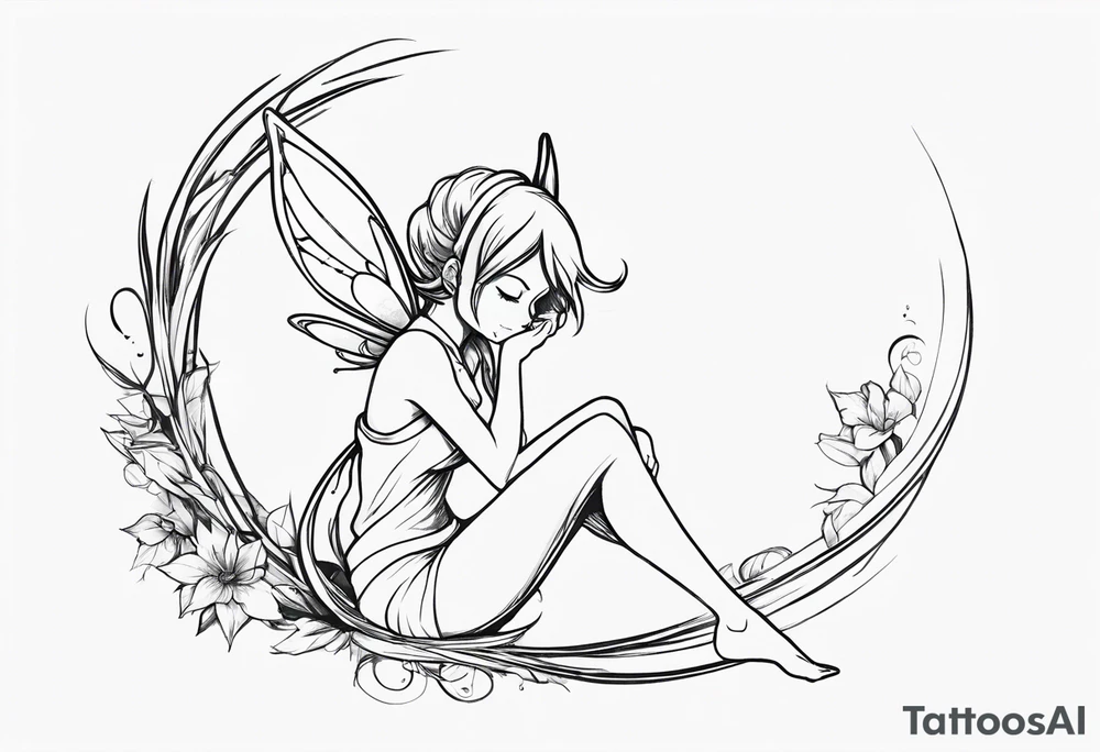 No color sketch of a fairy with a tail inspired by the guild symbol in the anime show called Fairy Tail in a fetal position leaning forward while crawled in hugging herself with hands a bit forward and her body is an angle while floating in the air tattoo idea