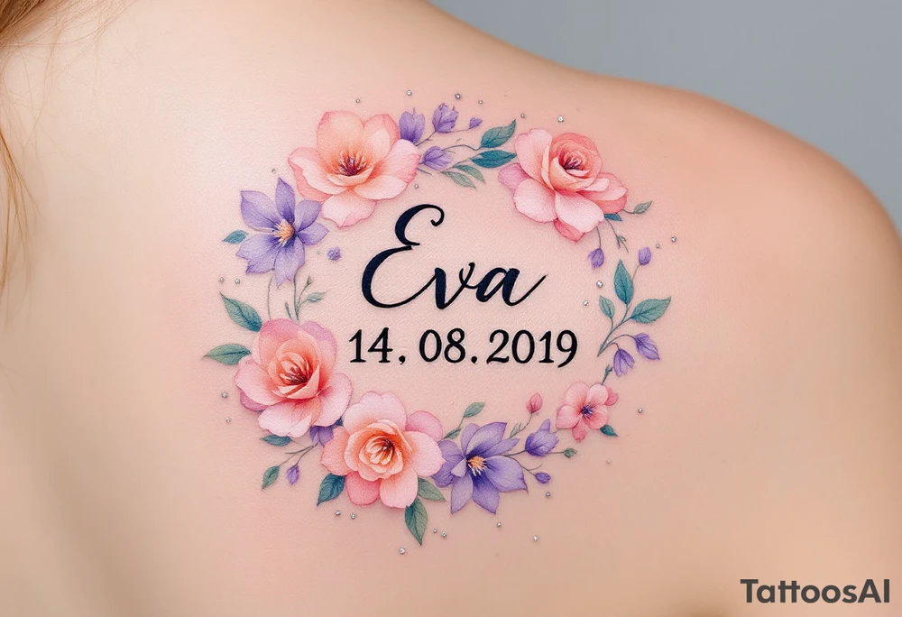 Small tattoo Eva 14. 08. 2019 – Lavender and soft peach blooms encircling Eva's birthdate, with silver glitter accents sprinkled throughout. tattoo idea