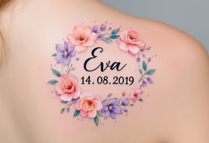Small tattoo Eva 14. 08. 2019 – Lavender and soft peach blooms encircling Eva's birthdate, with silver glitter accents sprinkled throughout. tattoo idea