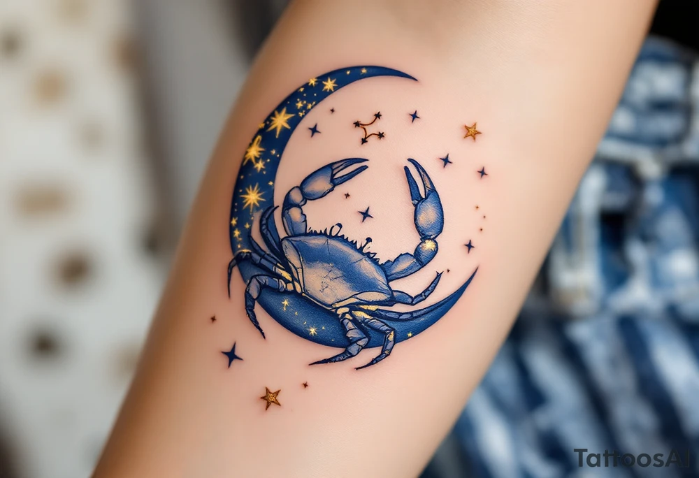 A crescent moon with crab in navy cradles the Cancer constellation in glowing gold ink. tattoo idea