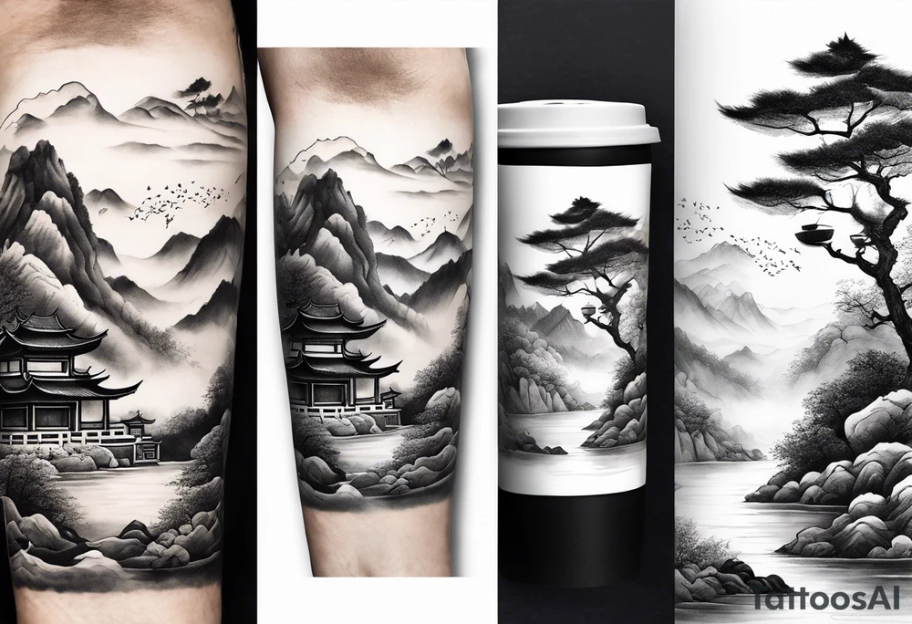 forearm sleeve traditional chinese art painting style autumn mountains mist fog water Chinese temple 2 males wearing robes seated drinking tea far away in the distance tattoo idea
