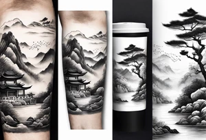 forearm sleeve traditional chinese art painting style autumn mountains mist fog water Chinese temple 2 males wearing robes seated drinking tea far away in the distance tattoo idea