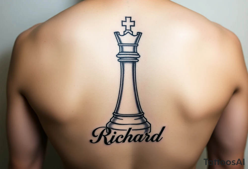 A king chess piece with the name Richard incorporated into the bottom of the piece tattoo idea