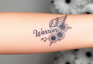 angel wing with word "Warrior" surrounded with sunflowers tattoo idea