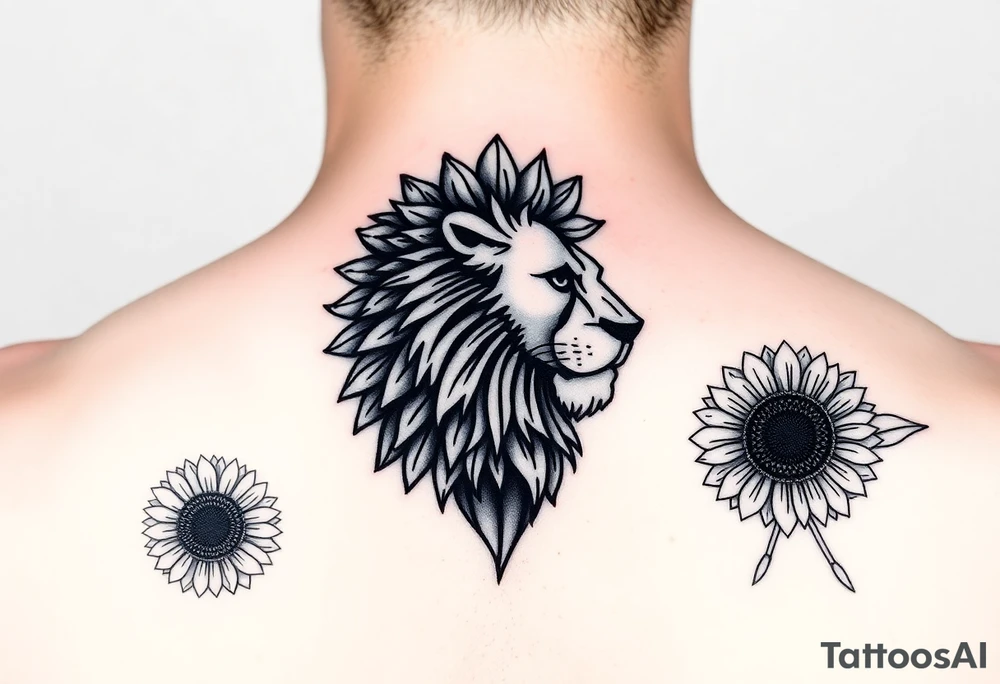 sunflower or multiple sunflowers and lion head profile tattoo idea