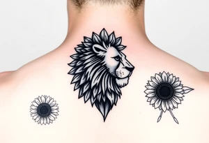 sunflower or multiple sunflowers and lion head profile tattoo idea