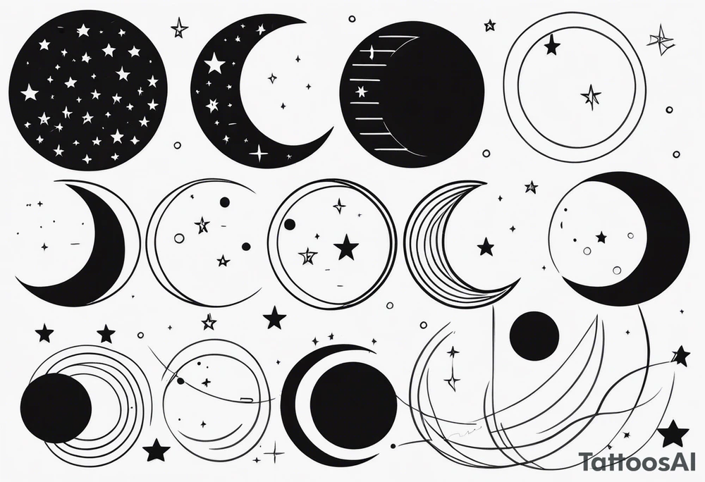 Moon phases with lines and stars horizontal tattoo idea Moon phases with lines and stars horizontal tattoo idea