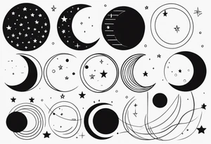 Moon phases with lines and stars horizontal tattoo idea