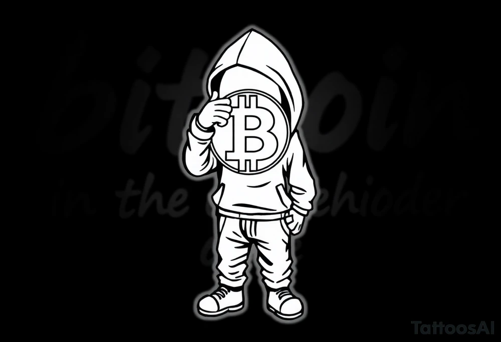 Create a custom tattoo stencil Use a street-art / pop-art vibe with a cartoon figure holding a bitcoin to cover his eyes have bold lines, “x” for eyes. make them have on a hoodie and jogger sweatpants have in the background in graffiti letters “bitcoin is in the eye of the beholder” tattoo idea