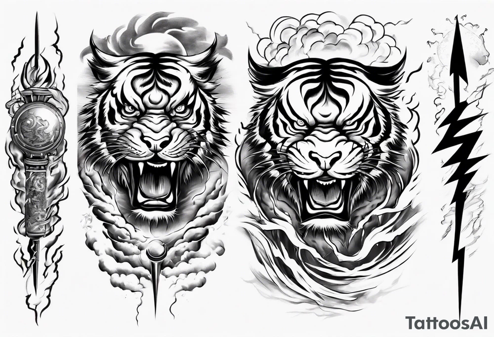 tiger warrior with lightning and the sun for a forearm sleeve tattoo idea