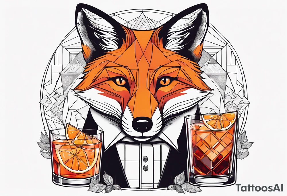 Adult male fox with Negroni in short lowball cocktail glass with ice and orange peel with disco background tattoo idea